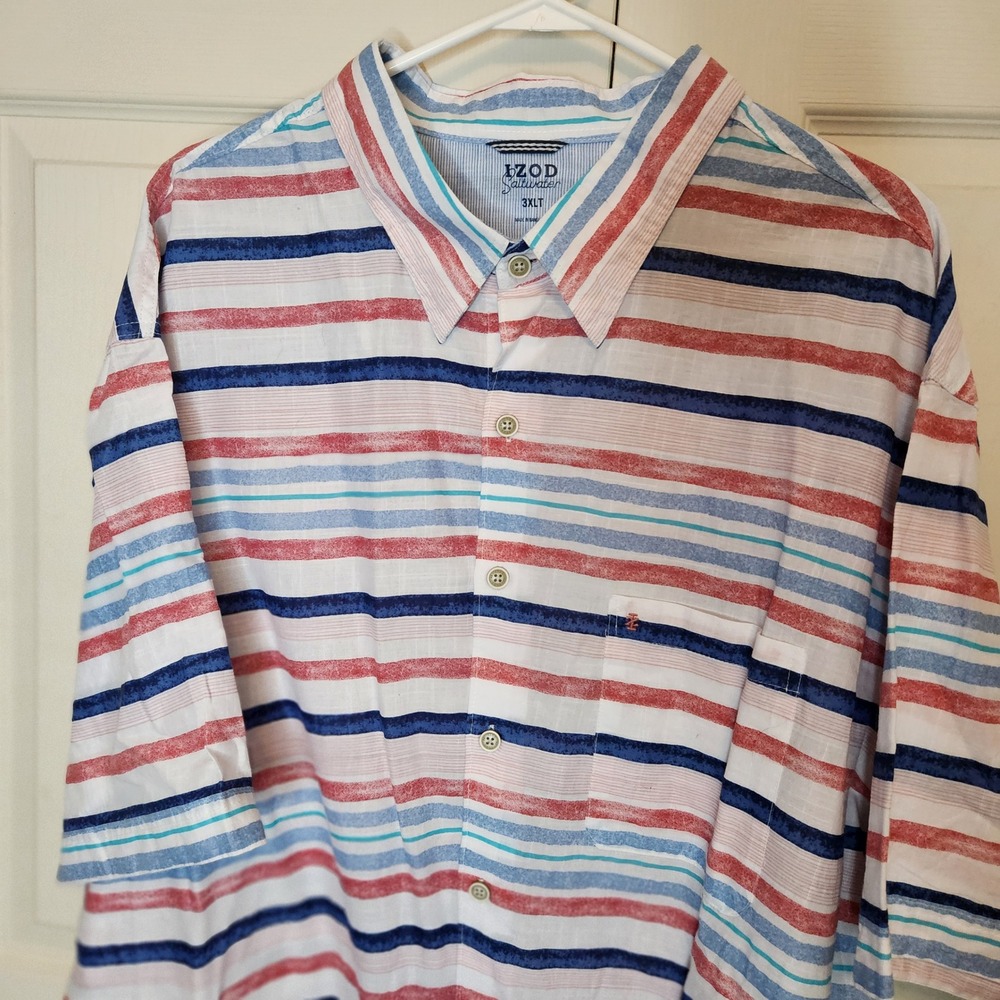 IZOD Saltwater Mens 3XLT Big & Tall Striped‎ Short Sleeve Button Down Shirt